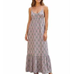 Nicole Miller Collection Geometric Multi Silk Mandala Maxi Dress Tiered Ruffle S